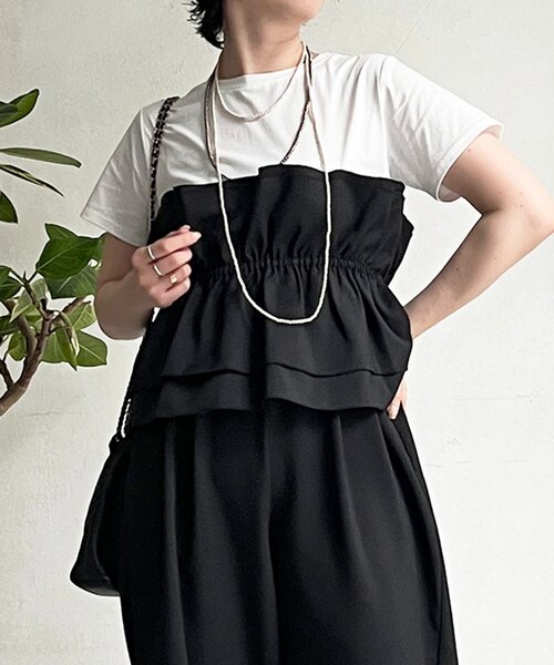 un dix cors(アンディコール)の「フリルセットアップ(つなぎ/オールインワン・レディース・ブラック/ベージュ・FREE)」の4枚目の写真