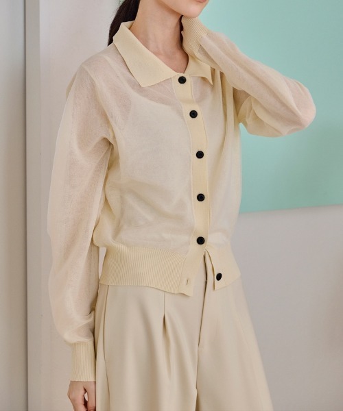 COMMON+HAUS(コモンハウス)の「シースルーニットカーディガン(カーディガン/ボレロ・レディース・サーモンピンク/ブラック/オフホワイト・FREE)」の2枚目の写真