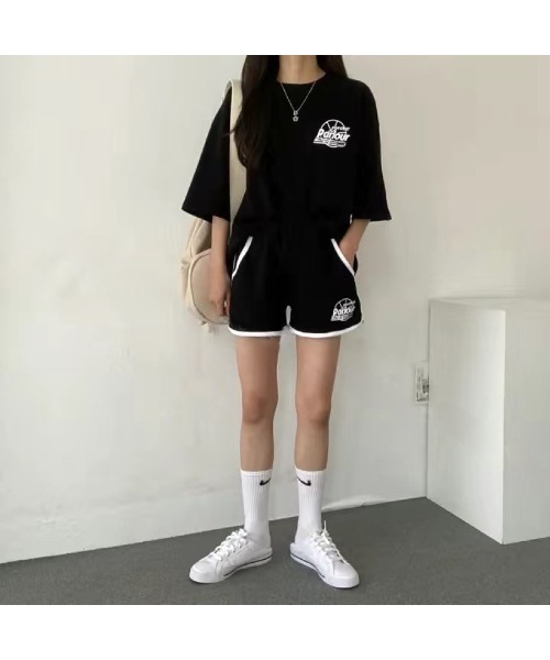 CHEER(チアー)の「スポーティープリントTシャツ×ショートパンツSET(セットアップ・レディース・グレー/ブラック/ライトグレー・M)」の18枚目の写真