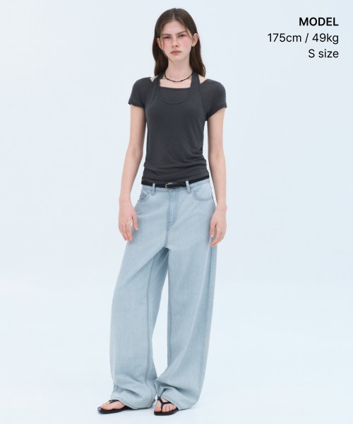 MUSINSA STANDARD WOMAN（ムシンサスタンダードウーマン）の「ウィメンズウールテンセルホルターレイヤードTシャツ[ダークグレー]（Tシャツ/カットソー・レディース・その他・SMALL/MEDIUM/LARGE/X-SMALL）」の2枚目の写真