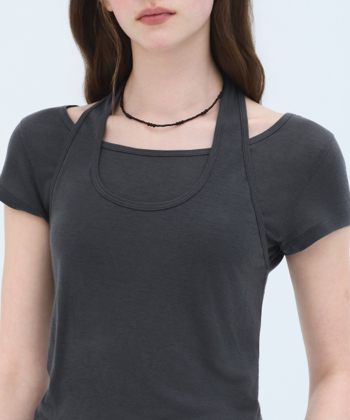 MUSINSA STANDARD WOMAN（ムシンサスタンダードウーマン）の「ウィメンズウールテンセルホルターレイヤードTシャツ[ダークグレー]（Tシャツ/カットソー・レディース・その他・SMALL/MEDIUM/LARGE/X-SMALL）」の4枚目の写真