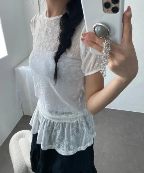 Ritzy(リッツィー)の「星柄レース 裾フリルトップス(Tシャツ/カットソー・レディース・ホワイト/ブラック・FREE)」の8枚目の写真