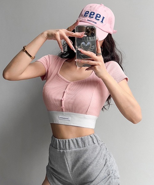 SHEPP(シープ)の「裾ロゴリブフロントボタン半袖カットソー(Tシャツ/カットソー・レディース・ブラック/ホワイト/ライトグレー/ダークグレー/ピンク・F)」の5枚目の写真