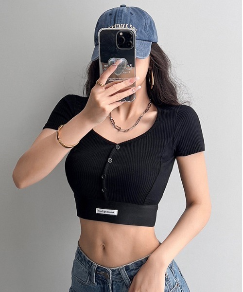 SHEPP(シープ)の「裾ロゴリブフロントボタン半袖カットソー(Tシャツ/カットソー・レディース・ブラック/ホワイト/ライトグレー/ダークグレー/ピンク・F)」の12枚目の写真