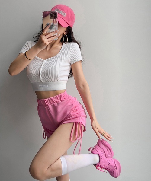 SHEPP(シープ)の「裾ロゴリブフロントボタン半袖カットソー(Tシャツ/カットソー・レディース・ブラック/ホワイト/ライトグレー/ダークグレー/ピンク・F)」の10枚目の写真