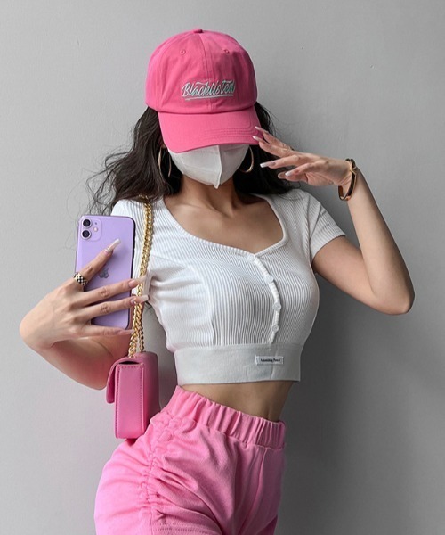 SHEPP(シープ)の「裾ロゴリブフロントボタン半袖カットソー(Tシャツ/カットソー・レディース・ブラック/ホワイト/ライトグレー/ダークグレー/ピンク・F)」の8枚目の写真