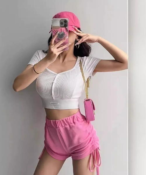 SHEPP(シープ)の「裾ロゴリブフロントボタン半袖カットソー(Tシャツ/カットソー・レディース・ブラック/ホワイト/ライトグレー/ダークグレー/ピンク・F)」の9枚目の写真