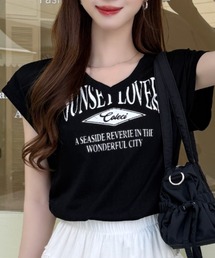 サイド ギャザー Vネック カレッジ ロゴ Tシャツ