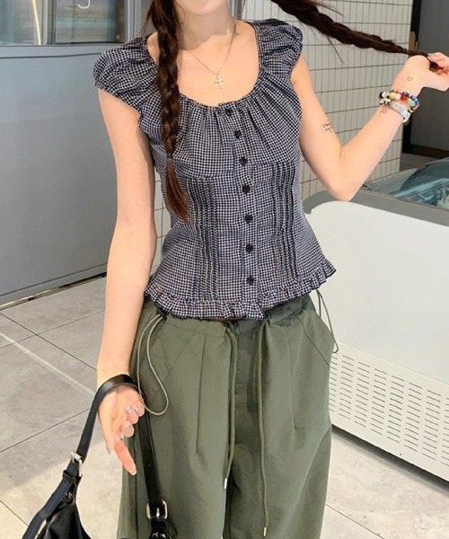 HALEY PESCA/Retro gallery gingham check shirring puff sleeve blouse — блуза в клетку с присборенными рукавами
