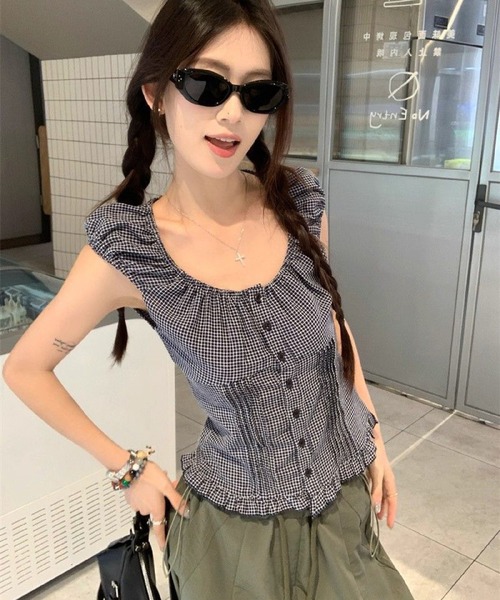 HALEY PESCA（ヘーリーペスカ）の「HALEY PESCA/レトロガーリー ギンガムチェック シャーリングパフスリーブブラウス（シャツ/ブラウス・レディース・ブルー・MEDIUM/SMALL）」の4枚目の写真