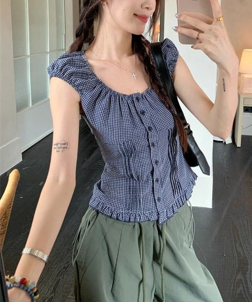 HALEY PESCA（ヘーリーペスカ）の「HALEY PESCA/レトロガーリー ギンガムチェック シャーリングパフスリーブブラウス（シャツ/ブラウス・レディース・ブルー・MEDIUM/SMALL）」の18枚目の写真