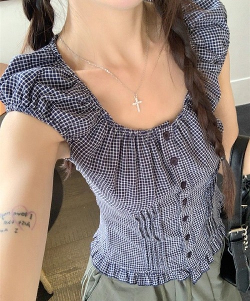 HALEY PESCA（ヘーリーペスカ）の「HALEY PESCA/レトロガーリー ギンガムチェック シャーリングパフスリーブブラウス（シャツ/ブラウス・レディース・ブルー・MEDIUM/SMALL）」の11枚目の写真