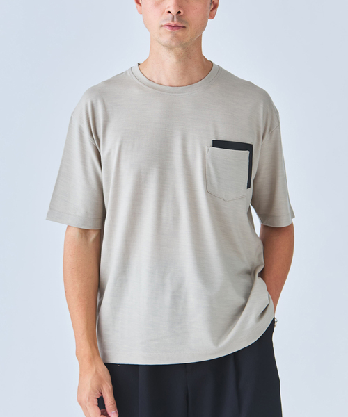 EDIFICE（エディフィス）の「レザー パッチ ウール Tシャツ（Tシャツ/カットソー・メンズ・ブラック/ベージュ/ブラウン・LARGE/MEDIUM）」の3枚目の写真