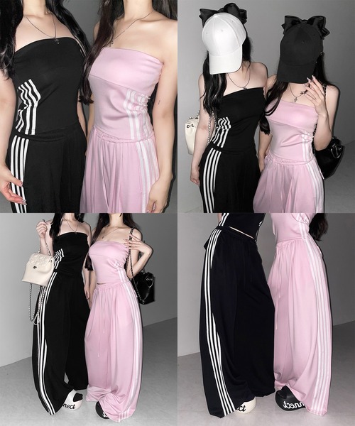 me+em select(ミームセレクト)の「【 セットアップ 】サイドラインベアトップ+タックワイドカットソーパンツ SETUP / ( SETUP ) sideline bare top + tack wide cutsew pants※※(セットアップ・レディース・ブラック/ピンク・FREE)」の11枚目の写真