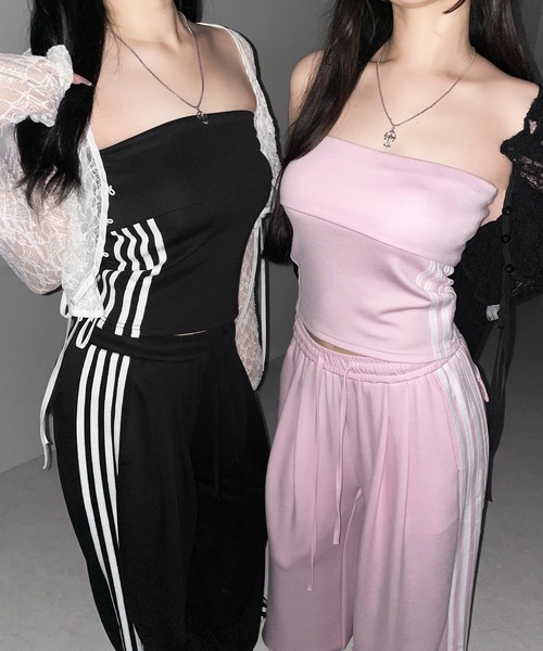 me+em select(ミームセレクト)の「【 セットアップ 】サイドラインベアトップ+タックワイドカットソーパンツ SETUP / ( SETUP ) sideline bare top + tack wide cutsew pants※※(セットアップ・レディース・ブラック/ピンク・FREE)」の20枚目の写真