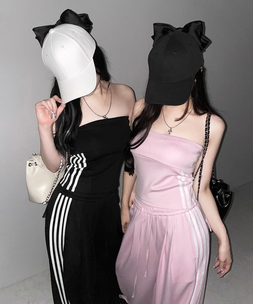 me+em select(ミームセレクト)の「【 セットアップ 】サイドラインベアトップ+タックワイドカットソーパンツ SETUP / ( SETUP ) sideline bare top + tack wide cutsew pants※※(セットアップ・レディース・ブラック/ピンク・FREE)」の21枚目の写真