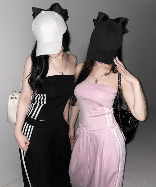 me+em select(ミームセレクト)の「【 セットアップ 】サイドラインベアトップ+タックワイドカットソーパンツ SETUP / ( SETUP ) sideline bare top + tack wide cutsew pants※※(セットアップ・レディース・ブラック/ピンク・FREE)」の22枚目の写真