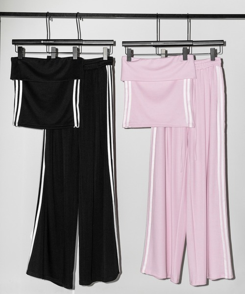 me+em select(ミームセレクト)の「【 セットアップ 】サイドラインベアトップ+タックワイドカットソーパンツ SETUP / ( SETUP ) sideline bare top + tack wide cutsew pants※※(セットアップ・レディース・ブラック/ピンク・FREE)」の6枚目の写真