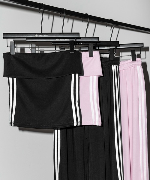 me+em select(ミームセレクト)の「【 セットアップ 】サイドラインベアトップ+タックワイドカットソーパンツ SETUP / ( SETUP ) sideline bare top + tack wide cutsew pants※※(セットアップ・レディース・ブラック/ピンク・FREE)」の7枚目の写真