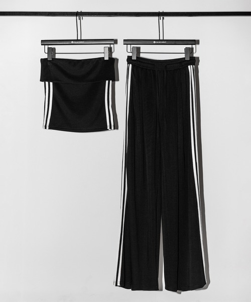 me+em select(ミームセレクト)の「【 セットアップ 】サイドラインベアトップ+タックワイドカットソーパンツ SETUP / ( SETUP ) sideline bare top + tack wide cutsew pants※※(セットアップ・レディース・ブラック/ピンク・FREE)」の9枚目の写真