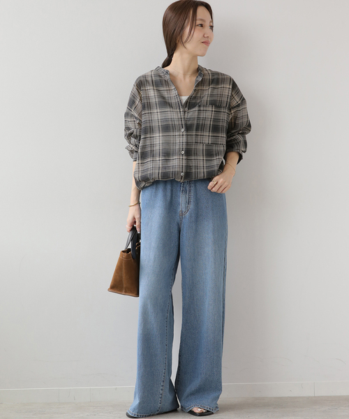 JOURNAL STANDARD relume(ジャーナルスタンダード レリューム)の「ドロストワイドシアーチェックシャツ(シャツ/ブラウス・レディース・ネイビー/ブラック/ブラウン・FREE)」の4枚目の写真