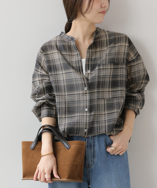 JOURNAL STANDARD relume(ジャーナルスタンダード レリューム)の「ドロストワイドシアーチェックシャツ(シャツ/ブラウス・レディース・ネイビー/ブラック/ブラウン・FREE)」の7枚目の写真