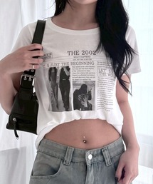 レタリングモノクロプリントショート丈半袖Tシャツ