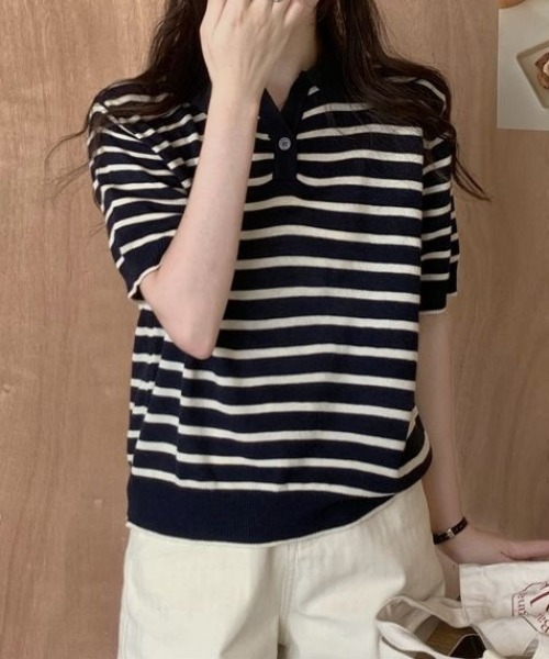 tolene(トレネ)の「ポロカラーボーダーサマーニット(ポロシャツ・レディース・ブラック/ホワイト・FREE)」の14枚目の写真