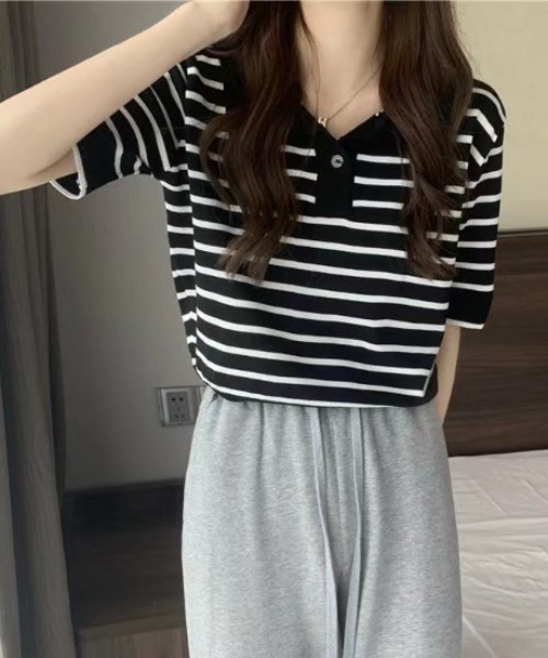 tolene(トレネ)の「ポロカラーボーダーサマーニット(ポロシャツ・レディース・ブラック/ホワイト・FREE)」の19枚目の写真