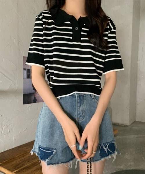 tolene(トレネ)の「ポロカラーボーダーサマーニット(ポロシャツ・レディース・ブラック/ホワイト・FREE)」の20枚目の写真