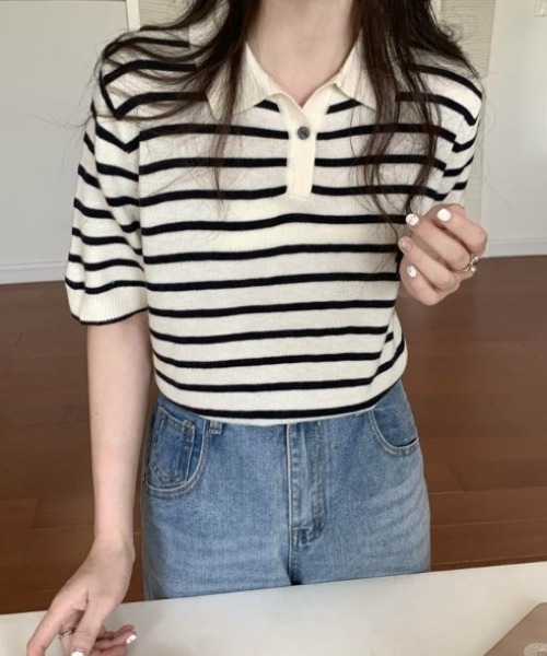 tolene(トレネ)の「ポロカラーボーダーサマーニット(ポロシャツ・レディース・ブラック/ホワイト・FREE)」の7枚目の写真
