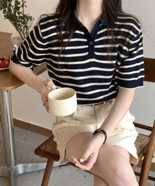 tolene(トレネ)の「ポロカラーボーダーサマーニット(ポロシャツ・レディース・ブラック/ホワイト・FREE)」の15枚目の写真