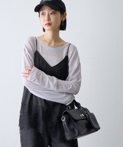 CIAOPANIC TYPY（チャオパニックティピー）の「∴サイドスリットシアーワッフルTee（Tシャツ/カットソー・レディース・ホワイト/ブラック/ブラウン/グレー/グリーン・ONE SIZE）」の4枚目の写真