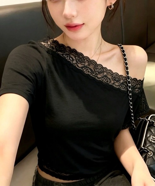Songe（ソンジュ）の「レース付きワンショルダー半袖トップス（Tシャツ/カットソー・レディース・ホワイト/ブラック・M/L）」の11枚目の写真