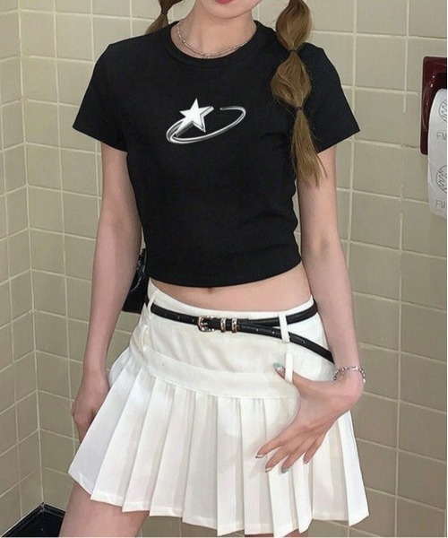 FREE STYLISTS(フリー スタイリスト)の「ギャル 韓国風Y2K 星空プリント 半袖Tシャツ レディース 秋冬 インナー(Tシャツ/カットソー・レディース・ブラック・M)」の9枚目の写真