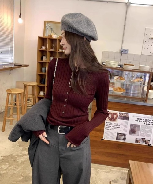 Teem Store(チームストア)の「フロント多連ボタン ワイドリブタイトニットカーディガン(カーディガン/ボレロ・レディース・ネイビー/ボルドー/アイボリー・M)」の9枚目の写真