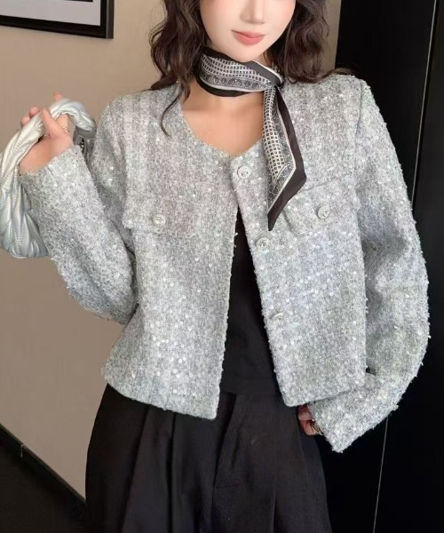 FAVORITO（ファヴォリート）の「ノーカラーツイードジャケット（ノーカラージャケット・レディース・ベージュ/グレー/ピンク・F）」の2枚目の写真