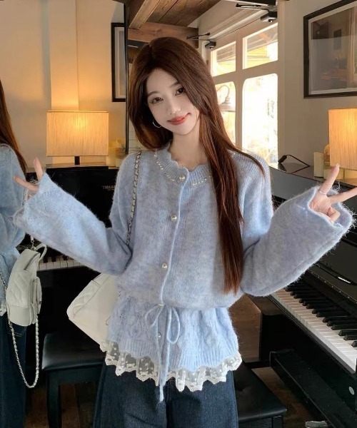 GEMEDA(ジェメダ)の「秋冬新作 韓国ファッションレース切替ニットカーディガン(カーディガン/ボレロ・レディース・ライトブルー/アイボリー/ピンク・M)」の4枚目の写真