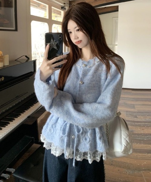 GEMEDA(ジェメダ)の「秋冬新作 韓国ファッションレース切替ニットカーディガン(カーディガン/ボレロ・レディース・ライトブルー/アイボリー/ピンク・M)」の7枚目の写真