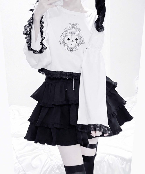 MA*RS(アメーバーマーズ)の「クロス短丈姫袖Tシャツ(Tシャツ/カットソー・レディース・ホワイト/ブラック・FREE)」の1枚目の写真
