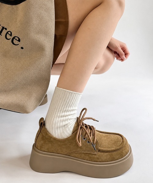 Miniministore(ミニミニストア)の「厚底レースアップモカシンシューズ韓国風靴(モカシン/デッキシューズ・レディース・ブラウン/キャメル・23.5cm/23.0cm/22.5cm/24.5cm/24.0cm)」の1枚目の写真