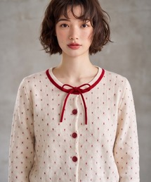 レトロドット柄ジャガードニット 配色リボンカーディガン