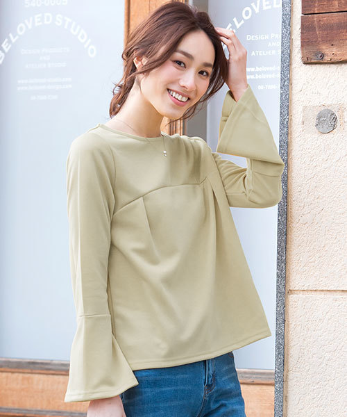 Pierrot(ピエロ)の「袖フレア ポンチトップス(Tシャツ/カットソー・レディース・ブラウン/キャメル/ネイビー/ブラック/杢グレー/ベージュ/イエロー・L/M)」の4枚目の写真