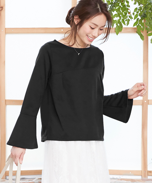 Pierrot(ピエロ)の「袖フレア ポンチトップス(Tシャツ/カットソー・レディース・ブラウン/キャメル/ネイビー/ブラック/杢グレー/ベージュ/イエロー・L/M)」の2枚目の写真