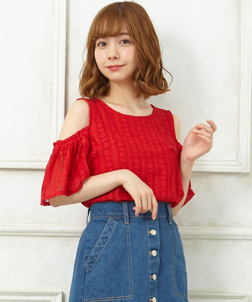 Ingni イング の ストライプレース肩あきトップス Tシャツ カットソー Wear
