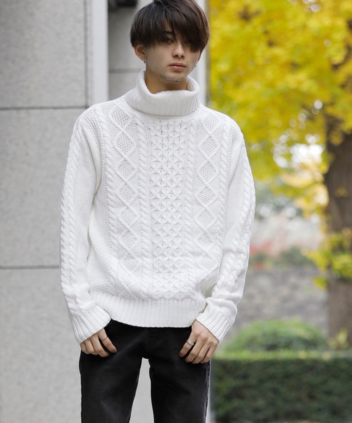 セール】ケーブル編み フィッシャーマンズ タートルネック ボトル