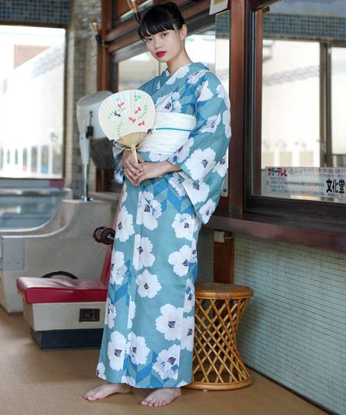 Utatane ウタタネ の 浴衣3点セット 水色にお花ジオメトリック 浴衣 Wear