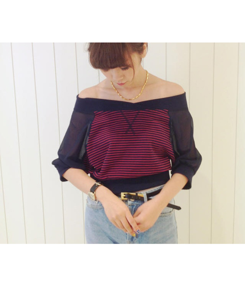 goocy(グーシー)の「Backシフォン切替ボーダーオフショルTOP(Tシャツ/カットソー・レディース・ホワイト/ネイビー/ブラック・FREE)」の1枚目の写真
