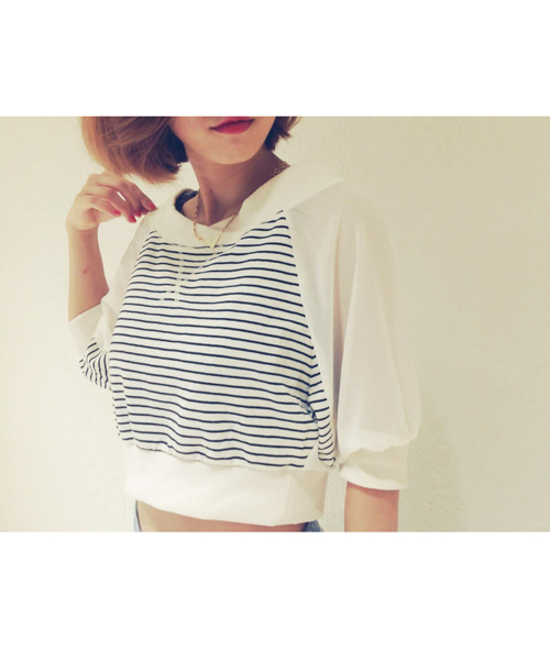 goocy(グーシー)の「Backシフォン切替ボーダーオフショルTOP(Tシャツ/カットソー・レディース・ホワイト/ネイビー/ブラック・FREE)」の2枚目の写真