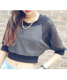 goocy | Backシフォン切替ボーダーオフショルTOP(Tシャツ/カットソー)